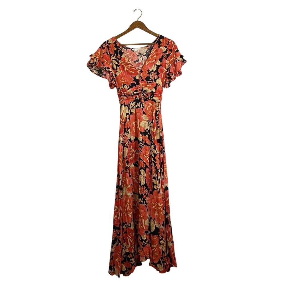 Abel the Label Vivid Dream Dress Womens XS Red Black Floral Ruffle Sleeve Maxi